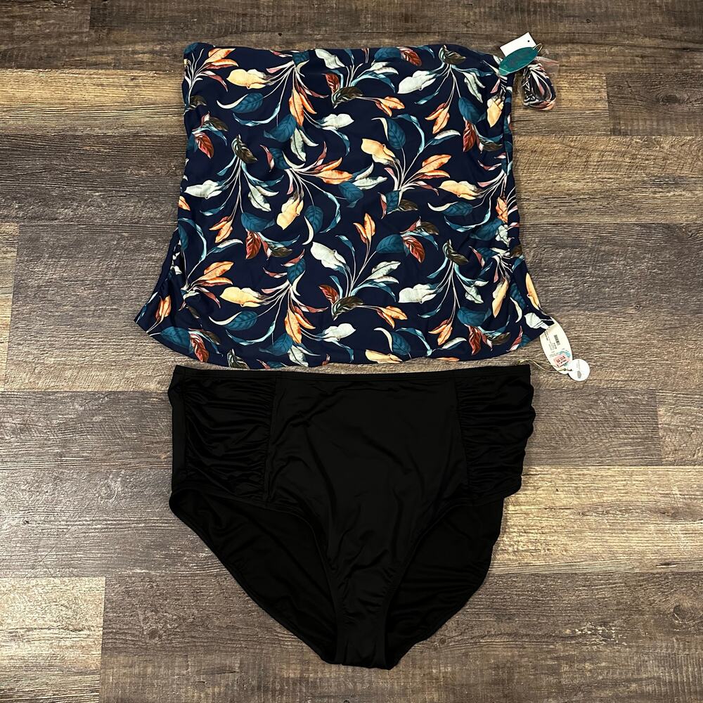 Mynah Women's Navy Blue Tropical Strapless Swimsuit Top and Bottom Set 24W NWT